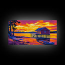 Cabin on Water, Peaceful Lakeside Art, Vibrant Sunset Reflection, Cozy Retreat Decor, Framed Canvas Print, Bedroom Artwork, Home Ambiance