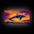 Dolphin Jumping, Ocean Wildlife Art, Vibrant Marine Scene, Playful Sea Life Painting, Framed Canvas Print, Beach House Decor, Nautical Art