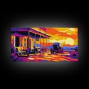 Western Porch, Sunset, Cowboy, Framed Canvas Print, Rustic Wall Art, Old West Scene, Country Home Decor, Warm Tones, Living Room Art