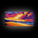 Beach, Ocean, Sunset, Framed Canvas Print, Coastal Wall Art, Seascape Painting, Vibrant Beach Scene, Relaxing Decor, Bedroom Art
