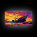 Shipwreck Sunset, Seascape Nautical, Framed Canvas Print, Vibrant Ocean Wall Art, Beach House Art, Nautical Art, Living Room Wall Art