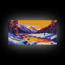 Snowy Mountains, River Sunset, Framed Canvas Print, Winter Landscape Art, Alpine Lodge Decor, Colorful Nature Art, Office Wall Art