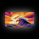 Giant Rolling Wave, Colorful Ocean Art, Surfing Seascape Print, Bold Sunset Water Painting, Beach House Wall Decor, Framed Canvas Print