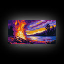 Bonfire Night, Lakefront Fire Scene, Autumn Evening Glow, Vibrant Outdoor Art, Framed Canvas Print, Man Cave Wall Decor, Cozy Home Design