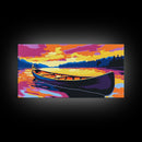Canoe on Lake, Serene Water Reflection, Vibrant Sunset Art, Nature Scene, Framed Canvas Print, Living Room Decor, Cabin Wall Artwork