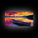 Canoe Sunset Lake, Reflection, Nature, Framed Canvas Print, Wall Art, Vibrant Landscape, Cabin Decor, Rustic Home, Outdoor Adventure