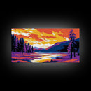 Forest, River, Sunset Sky, Vibrant Nature Scene, Framed Canvas Print, Wall Art, Cabin Home, Cozy Retreat, Outdoor Lovers, Rustic Aesthetic