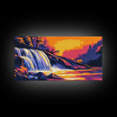 Waterfall, Forest, Autumn Sunset, Peaceful Scenery, Framed Canvas Print, Cabin Retreat, Rustic Home, Relaxing Nature, Vibrant Colors