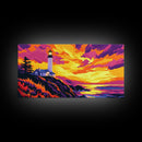 Lighthouse, Coastal Sunset, Ocean View, Nautical Wall Art, Framed Canvas Print, Beach House Decor, Seaside Painting, Vibrant Art