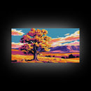 Majestic Tree, Open Field, Mountain View, Canvas Print, Living Room Wall Art, Modern Rustic Decor, Nature Scene, Sunset Painting