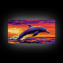 Jumping Dolphin at Sunset, Framed Canvas Print, Ocean Wall Art, Vibrant Marine Painting, Coastal Decor, Beach House Aesthetic