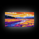 Golden Field River View, Canvas Print, Colorful Nature Art, Tranquil Landscape Painting, Boho Aesthetic, Living Room Wall Decor
