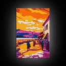 Sunset Village, Walkway, Framed Canvas Print, Mediterranean Street Art, Colorful Cityscape, Urban Wall Decor, Warm Tones