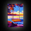 Lake Swing, Sunset, Canvas Print, Serene Nature Art, Vibrant Reflection Painting, Boho Wall Decor, Cozy Home Art, Bedroom Wall Artwork