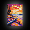 Autumn Beach, Sunset Painting, Vibrant Coastal, Driftwood Art, Framed Canvas Print, Fall Wall Art, Living Room Decor, Landscape Art