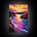 Sunset River Bend, Vibrant Landscape, Colorful Sky, Bold Nature, Framed Canvas Print, Living Room Art, Rustic Wall Decor, Boho Landscape