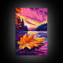 Floating Leaf, Autumn Lake Art, Seasonal Landscape, Warm Fall Colors, Canvas Print, Cozy Home Decor, Thanksgiving Wall Art