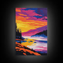 River Sunset, Misty Mountain, Tranquil Landscape, Framed Canvas Print, Nature Wall Art, Vibrant Painting, Home Office Decor, Cabin Gift