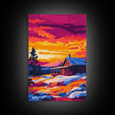 Sunset Cabin, Cozy Retreat, Rustic Nature, Framed Canvas Print, Winter Wall Art, Log Cabin Scene, Sunset Painting, Warm Color Decor
