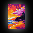 Beach Sunset, Ocean Waves, Coastal Landscape, Canvas Print, Boho Wall Art, Vibrant Sky Painting, Seaside Decor, Living Room Artwork