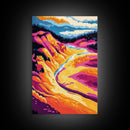 River Valley, Scenic Landscape, Mountain View, Framed Canvas Print, Nature Wall Art, Rustic Home Decor, Colorful Sunset Painting