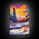 Snowy Forest, Winter Scene, Cozy Landscape, Canvas Print, Christmas Wall Art, Holiday Home Decor, Mountain River, Peaceful Nature Painting