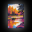 Tranquil Lake, Sunset Serenity, Dreamy Landscape, Bold Contrast, Framed Canvas Print, Cabin Decor, Cozy Retreat, Wall Art