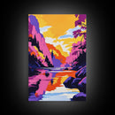 Majestic River, Mountain Scenery, Sunset Glow, Vibrant Reflections, Canvas Print, Nature Inspired, Living Room Wall Art, Modern Decor