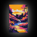 Waterfall Serenity, Vibrant Landscape, Sunset Glow, Nature Wall Art, Framed Canvas Print, Living Room Decor, Bold Colors