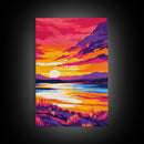 Fiery Sunset, Mountain Reflections, Warm Tones, Nature Wall Art, Framed Canvas Print, Living Room Decor, Cozy Fall Aesthetic
