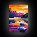 Rocky River, Majestic Mountains, Sunset Reflections, Vibrant Colors, Framed Canvas Print, Living Room Wall Art, Bold Landscape