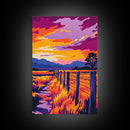 Countryside Sunset, Canvas Print, Vibrant Rural Scene, Barbed Wire Fence, Warm Autumn Hues, Western Home Decor, Cozy Living Room Wall Art