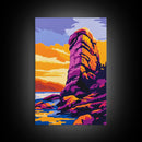 Coastal Rock, Vibrant Seascape Painting, Sunset Ocean Art, Framed Canvas Print, Modern Beach Wall Decor, Office Wall Art, Nautical Art