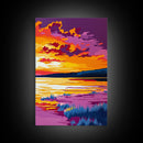 Twilight Reflection, Serene Water Art, Vibrant Sunset Print, Framed Canvas Print, Living Room Wall Decor, Boho Style Art, Relaxing Artwork