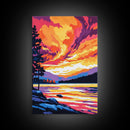 Sunset Lake, Landscape Painting, Autumn Art, Nature Wall Decor, Framed Canvas Print, Vibrant Mountain Scene, Living Room Wall Art