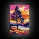 Lone Tree, Mountain Landscape, Vibrant Nature Art, Sunset Painting, Framed Canvas Print, Wilderness Decor, Autumn Wall Art, Office Decor