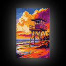Lifeguard Tower, Beach Sunset, Coastal Summer Art, Vibrant Seascape, Framed Canvas Print, Ocean Lover Decor, Nautical Wall Art