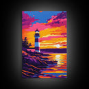 Lighthouse, Sunset, Coastal, Seascape, Framed Canvas Print, Nautical Decor, Beach House Wall Art, Vibrant Ocean Painting, Living Room Art