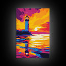 Lighthouse, Reflection, Ocean, Sunset, Framed Canvas Print, Nautical Decor, Beach House Wall Art, Coastal Scene, Bright Wall Art