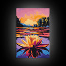 Water Lily, Sunset, Pond, Nature, Framed Canvas Print, Botanical Wall Art, Floral Painting, Bedroom Art, Serene Watercolor Vibes