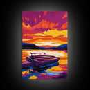 Dock, Lake, Boat, Sunset, Framed Canvas Print, Nautical Wall Art, Relaxing Lake House Decor, Living Room Art, Tranquil Scenic Painting