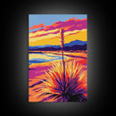 Desert, Plant, Sunset, Landscape, Framed Canvas Print, Boho Wall Art, Southwestern Art, Warm Earth Tones, Rustic Home Decor