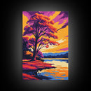 Autumn Tree, Vibrant Colors, Sunset Reflection, Framed Canvas Print, Fall Wall Art, Living Room Decor, Nature Art, Bold Landscape Painting