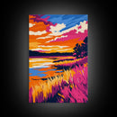 Golden Field, Sunset Glow, Autumn Landscape, Framed Canvas Print, Rustic Wall Art, Nature Painting, Living Room Decor, Warm Color Palette