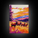 Elk Herd, Mountain Sunset, Wildlife Painting, Framed Canvas Print, Rustic Cabin Wall Art, Autumn Nature Decor, Bold Landscape Artwork