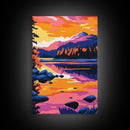 Mountain Lake, Sunset Sky, Nature Reflection, Framed Canvas Print, Cabin Decor, Bold Landscape Painting, Vibrant Scenic Artwork