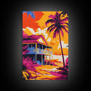 Beach House, Tropical Decor, Sunset Wall Art, Palm Tree, Framed Canvas Print, Coastal Wall Art, Summer Vibes, Living Room Art