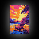 Adirondack Chair, Sunset Lake, Relaxing Art, Vacation Vibes, Framed Canvas Print, Outdoor Decor, Summer Wall Art, Nature Painting