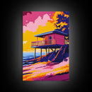 Coastal Cabin, Beach House Art, Ocean Sunset, Seaside View, Framed Canvas Print, Living Room Decor, Summer Landscape, Boho Wall Art