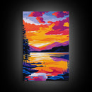 Sunset Lake, Vibrant Landscape, Framed Canvas Print, Modern Wall Art, Large Artwork, Living Room Art, Gift Idea, Colorful Painting